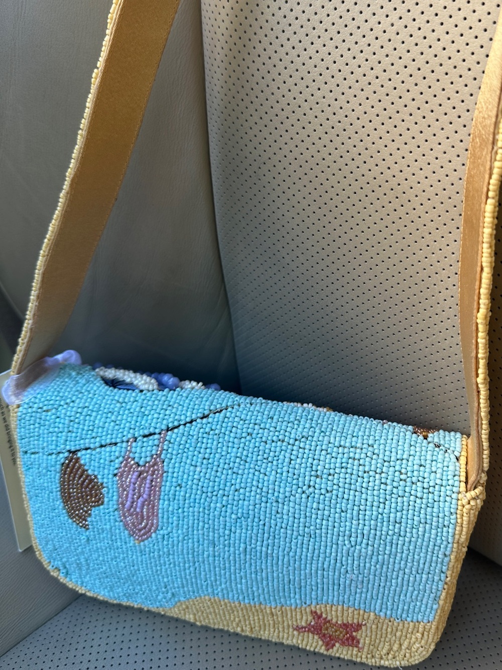 Beaded Beach Scene Shoulder Bag in Yellow and Aqua - Picture 2 of 3